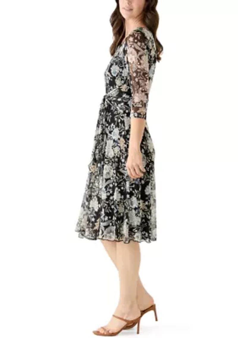 Women's Long Sleeve Printed Mesh Shift Dress