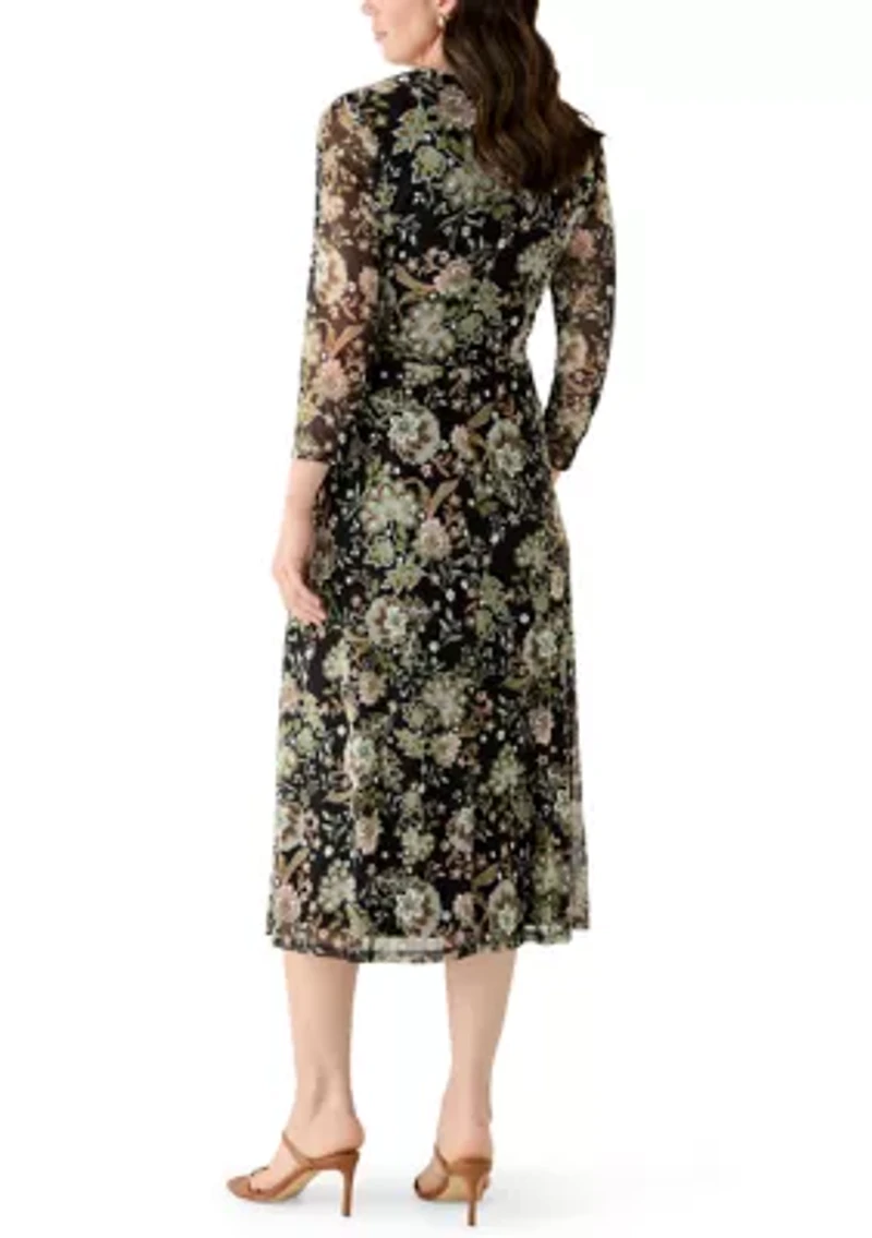 Women's Long Sleeve Printed Mesh Shift Dress