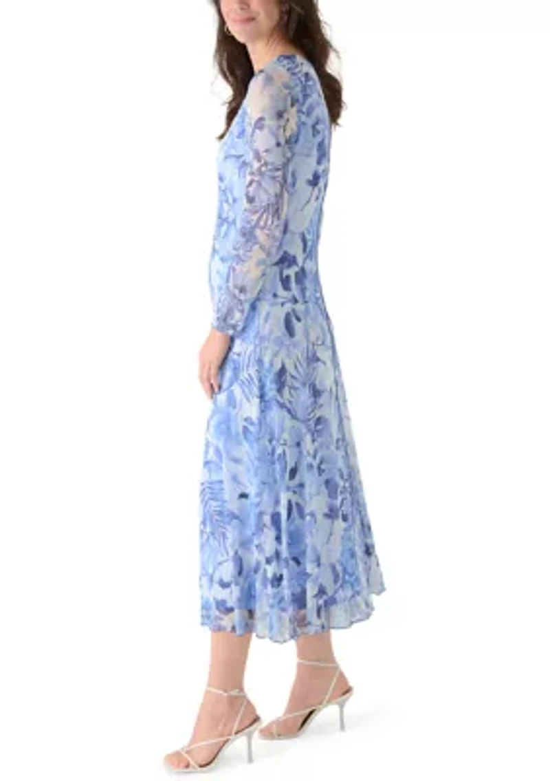 Women's Long Sleeve Printed Mesh Shift Dress