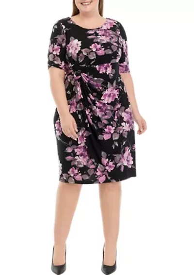 Plus Elbow Sleeve Floral Print Side Ruched Sheath Dress