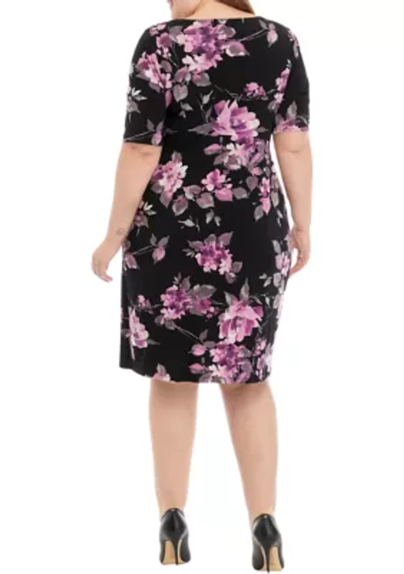 Plus Elbow Sleeve Floral Print Side Ruched Sheath Dress