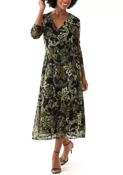 Women's Long Sleeve V-Neck Paisley A-Line Dress