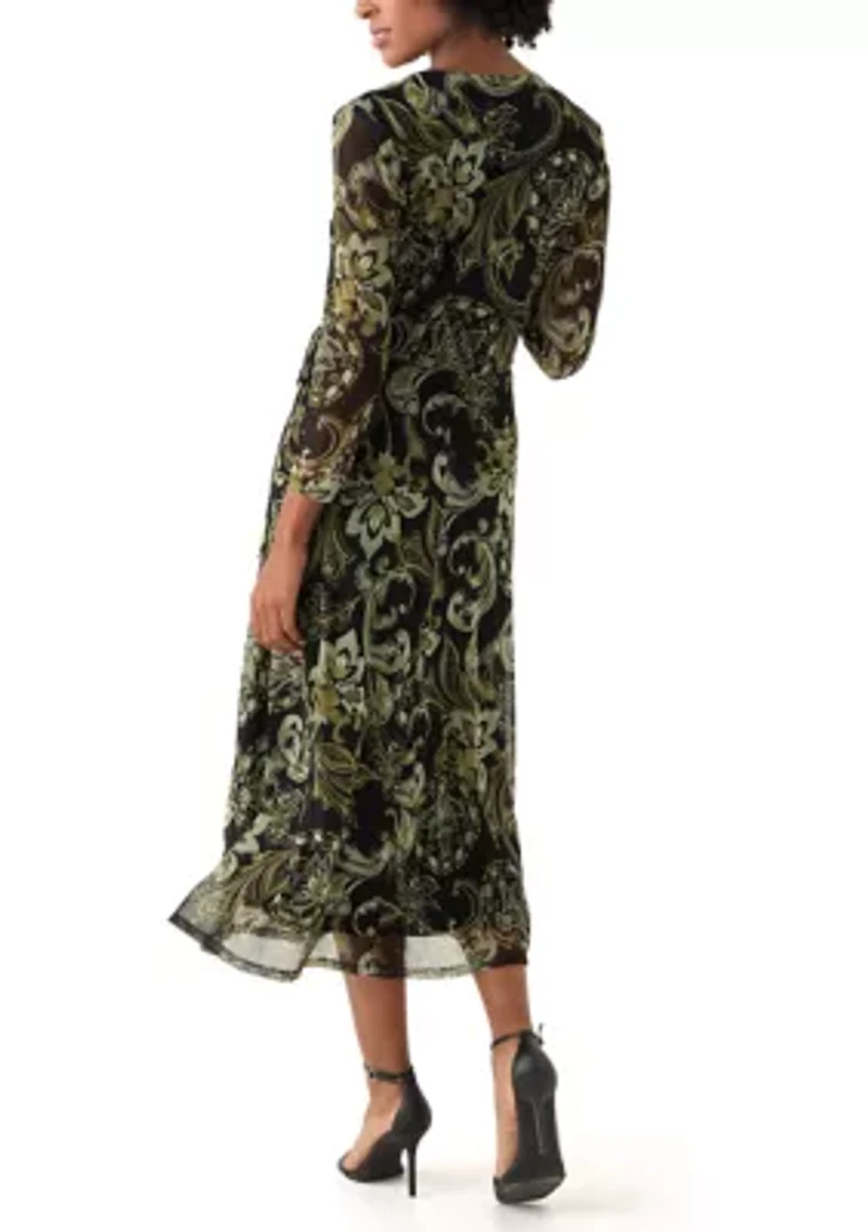 Women's Long Sleeve V-Neck Paisley A-Line Dress