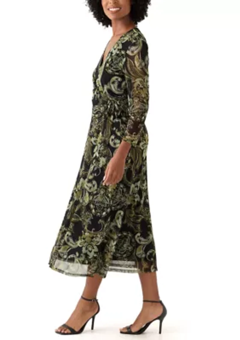 Women's Long Sleeve V-Neck Paisley A-Line Dress