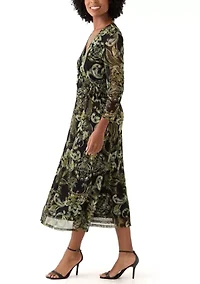 Women's Long Sleeve V-Neck Paisley A-Line Dress