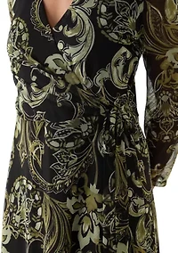 Women's Long Sleeve V-Neck Paisley A-Line Dress