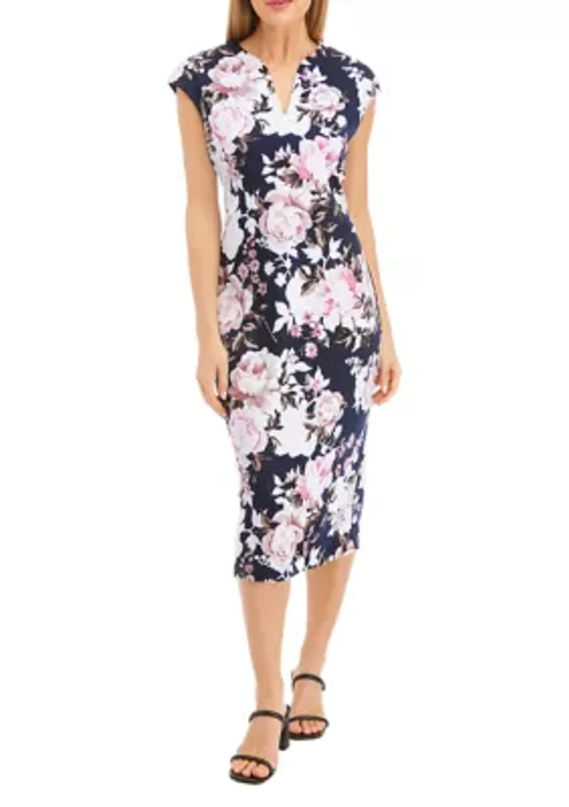 Women's Cap Sleeve Split Neck Floral Print Midi Sheath Dress