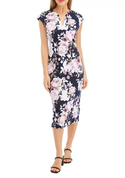 Women's Cap Sleeve Split Neck Floral Print Midi Sheath Dress