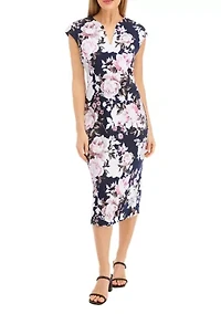 Women's Cap Sleeve Split Neck Floral Print Midi Sheath Dress