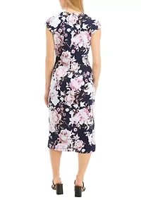 Women's Cap Sleeve Split Neck Floral Print Midi Sheath Dress
