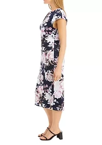 Women's Cap Sleeve Split Neck Floral Print Midi Sheath Dress
