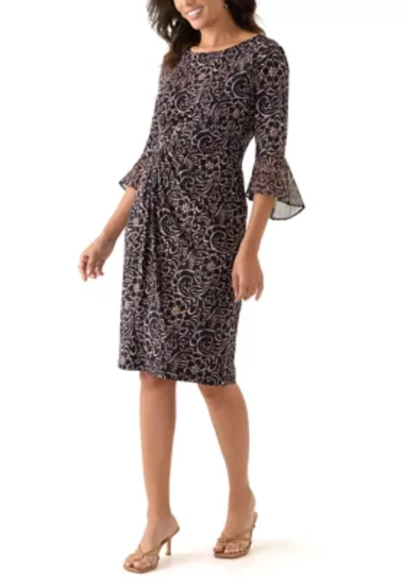 Women's 3/4 Sleeve Crew Neck Paisley Print A-Line Dress