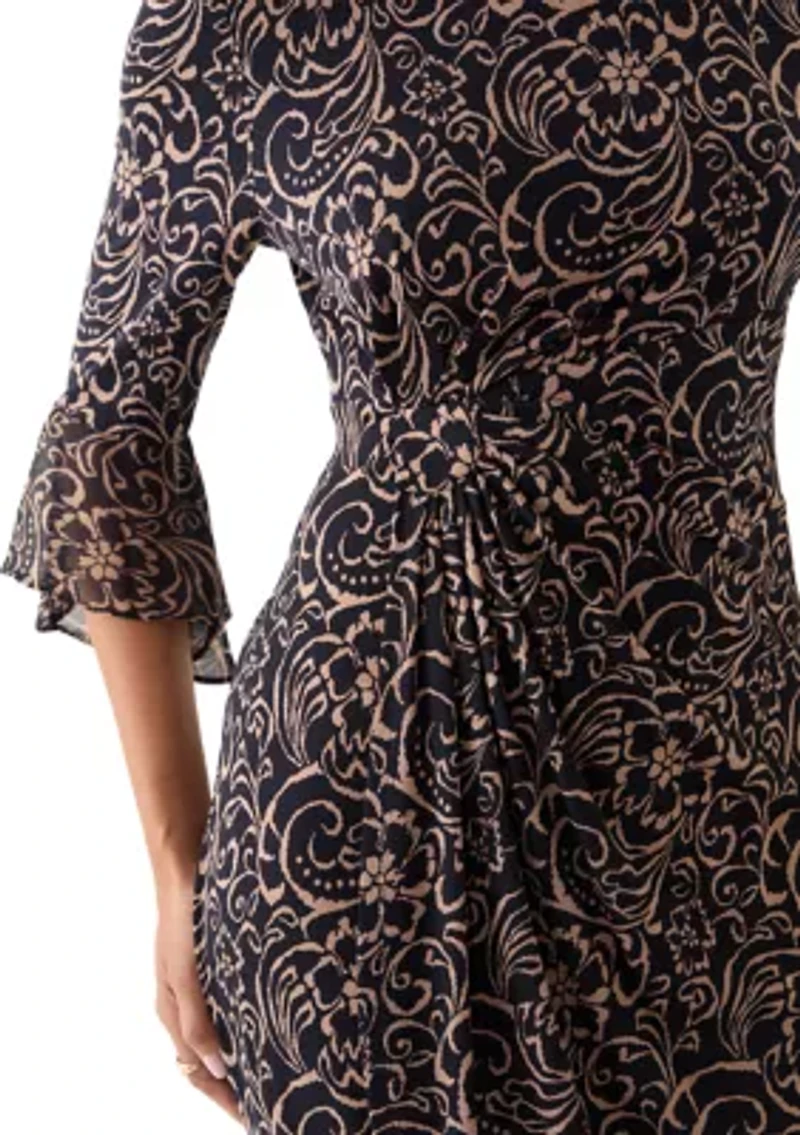 Women's 3/4 Sleeve Crew Neck Paisley Print A-Line Dress