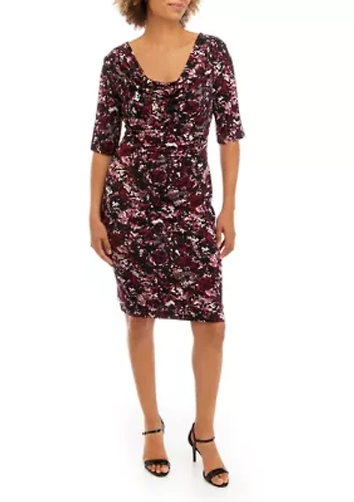 Women's Elbow Sleeve Cowl Neck Abstract Print Dress