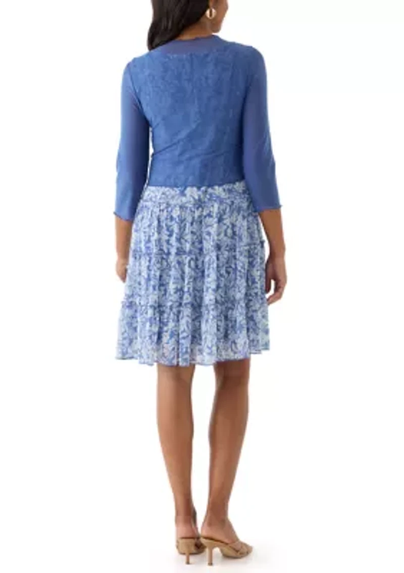 Women's 3/4 Sleeve Crew Neck Floral Print Jacket Dress