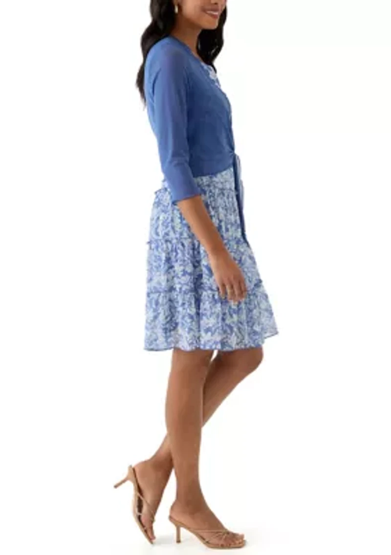 Women's 3/4 Sleeve Crew Neck Floral Print Jacket Dress