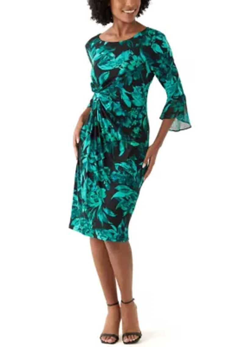 Women's 3/4 Sleeve Crew Neck Leaf Print Sheath Dress