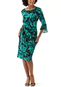 Women's 3/4 Sleeve Crew Neck Leaf Print Sheath Dress