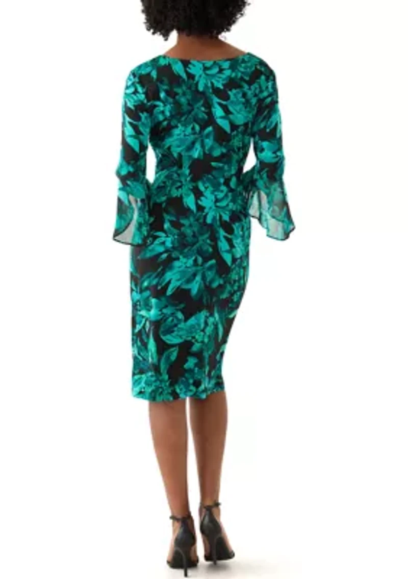 Women's 3/4 Sleeve Crew Neck Leaf Print Sheath Dress
