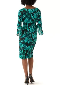 Women's 3/4 Sleeve Crew Neck Leaf Print Sheath Dress