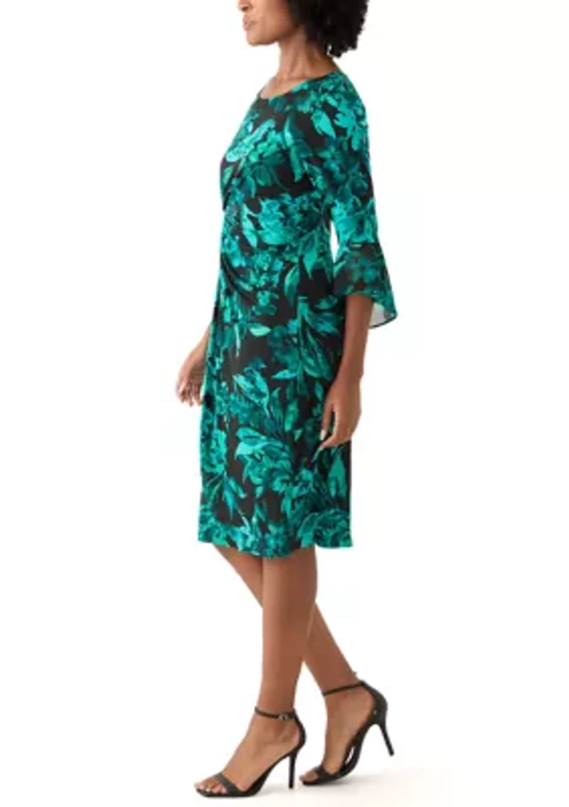 Women's 3/4 Sleeve Crew Neck Leaf Print Sheath Dress