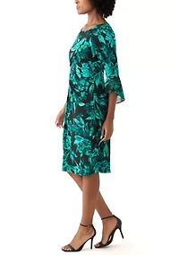 Women's 3/4 Sleeve Crew Neck Leaf Print Sheath Dress