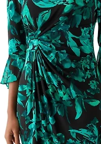 Women's 3/4 Sleeve Crew Neck Leaf Print Sheath Dress