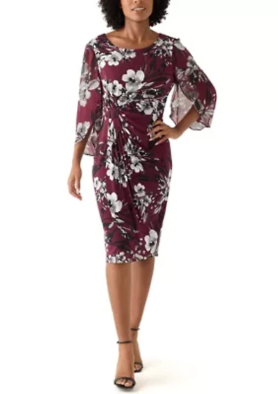 Women's 3/4 Sleeve Crew Neck Floral Print A-Line Dress
