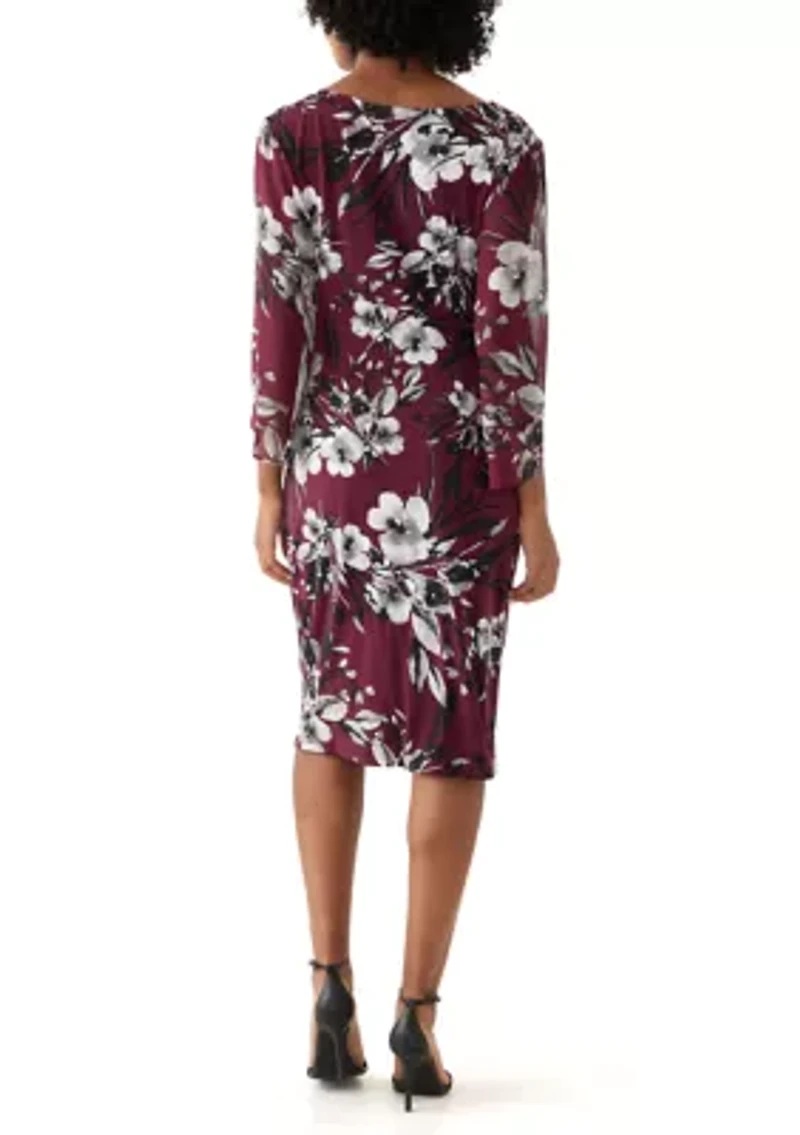 Women's 3/4 Sleeve Crew Neck Floral Print A-Line Dress