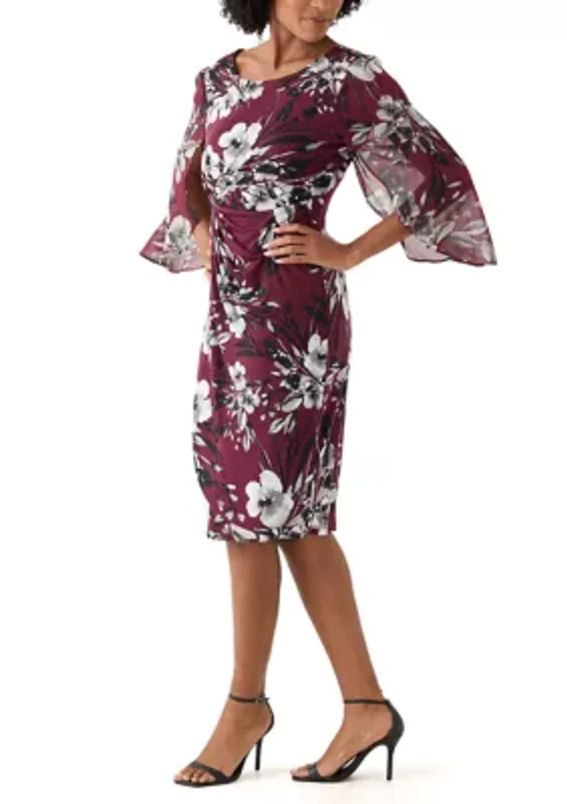 Women's 3/4 Sleeve Crew Neck Floral Print A-Line Dress
