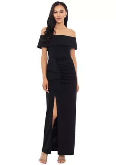 Women's Solid Side Ruched Ruffle Gown