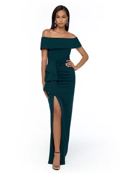 Women's Solid Side Ruched Ruffle Gown