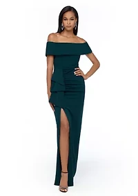 Women's Solid Side Ruched Ruffle Gown
