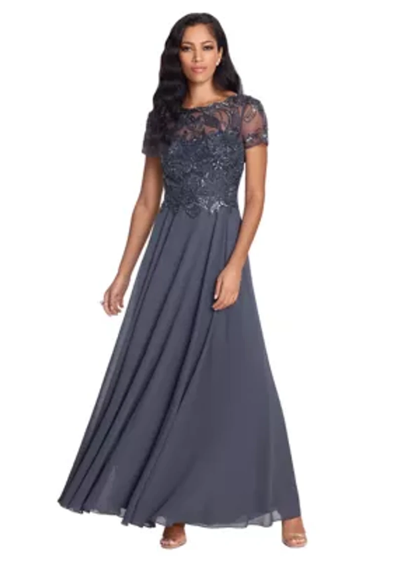 Women's Beaded Detail Bodice Fit and Flare Gown