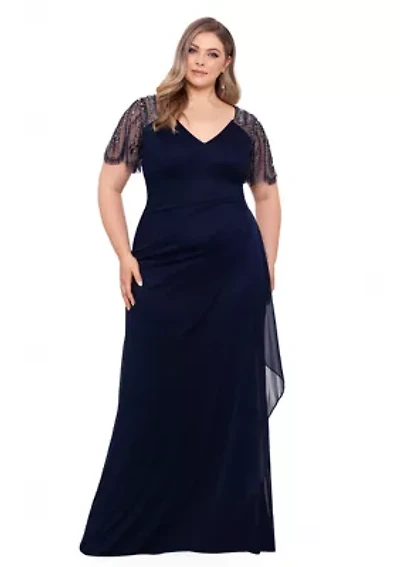 Plus Solid Embroidered Top Ruched Gown