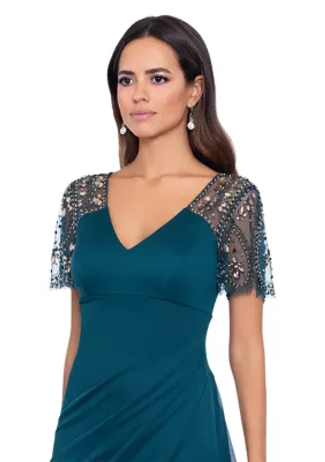 blue dress for baby girl Beaded Ankle Length Dress With Sheer Flutter Sleeves In Moonscape
