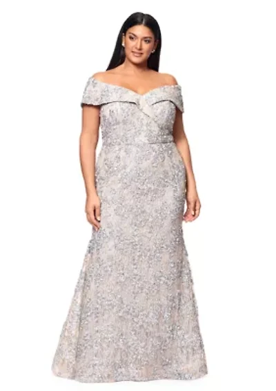 Plus Off the Shoulder Solid Embellished Lace Gown