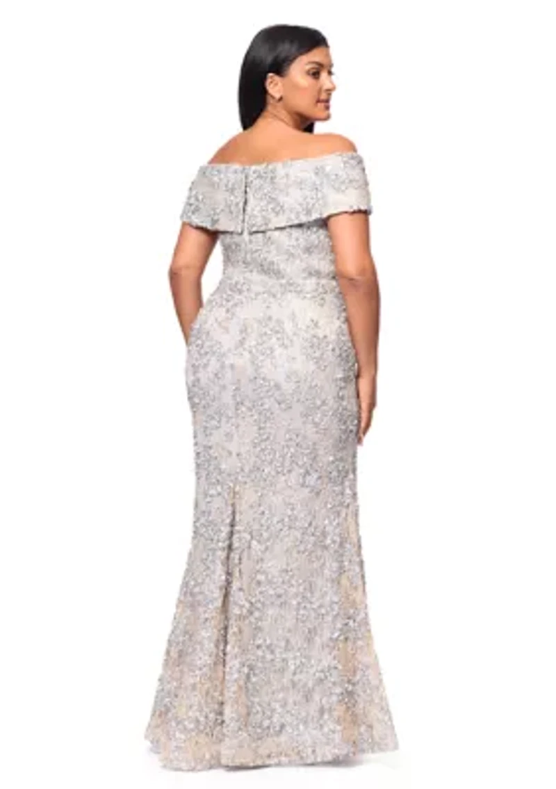 Plus Off the Shoulder Solid Embellished Lace Gown