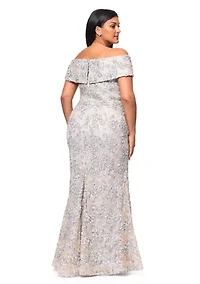 Plus Off the Shoulder Solid Embellished Lace Gown