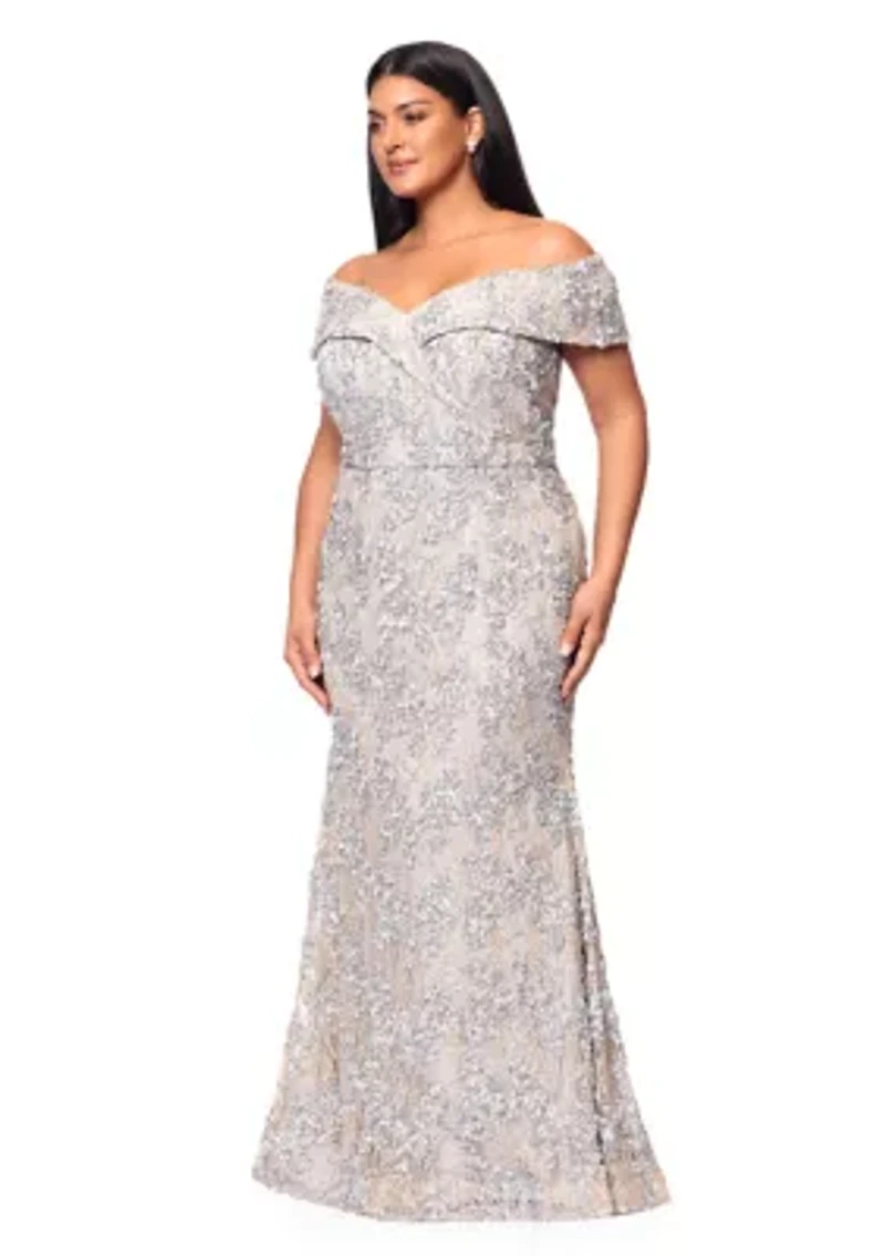Plus Off the Shoulder Solid Embellished Lace Gown