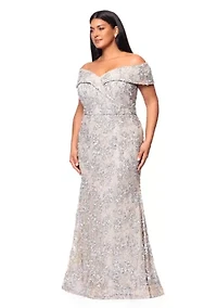 Plus Off the Shoulder Solid Embellished Lace Gown