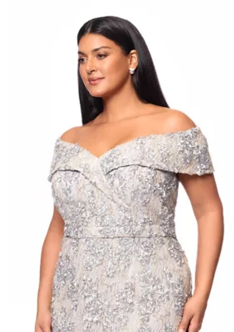 Plus Off the Shoulder Solid Embellished Lace Gown