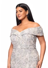 Plus Off the Shoulder Solid Embellished Lace Gown