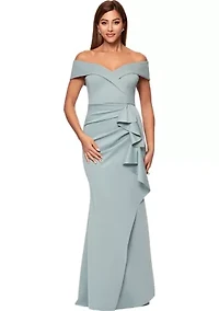 Women's Long Off the Shoulder Scuba Ruffle Dress