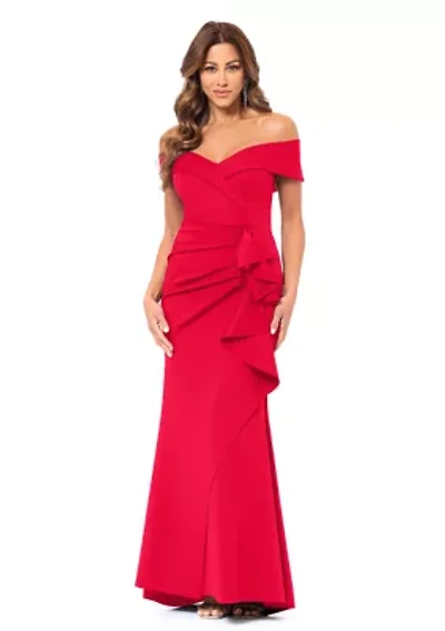 Women's Long Off the Shoulder Scuba Ruffle Dress