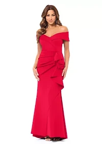 Women's Long Off the Shoulder Scuba Ruffle Dress