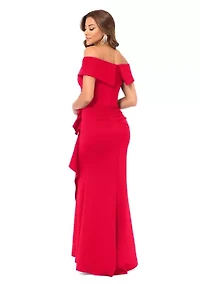Women's Long Off the Shoulder Scuba Ruffle Dress