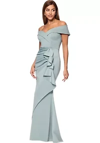 Women's Long Off the Shoulder Scuba Ruffle Dress