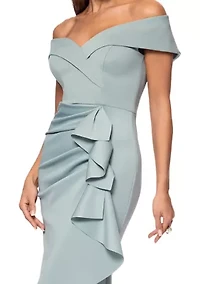 Women's Long Off the Shoulder Scuba Ruffle Dress