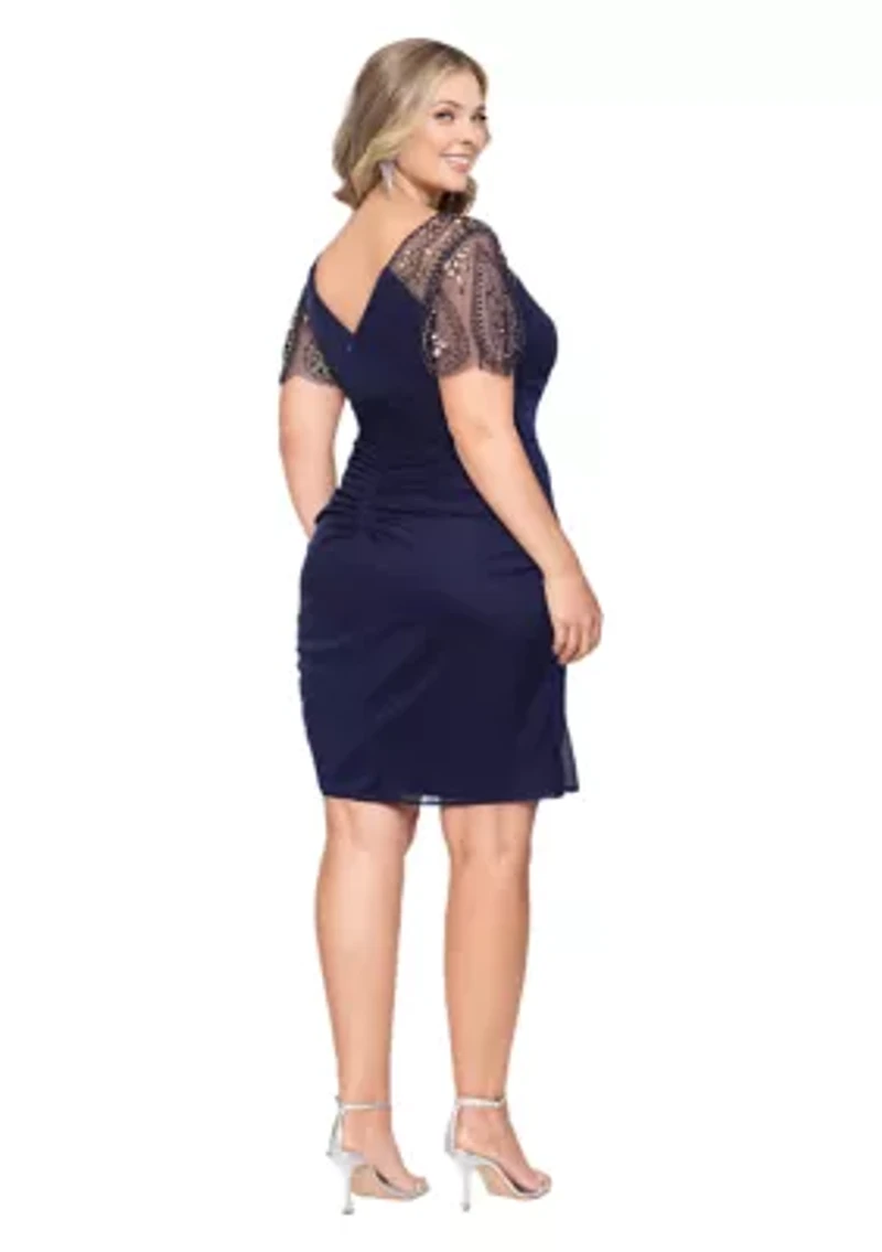 Plus Short Sleeve V-Neck Ruched Sheath Dress